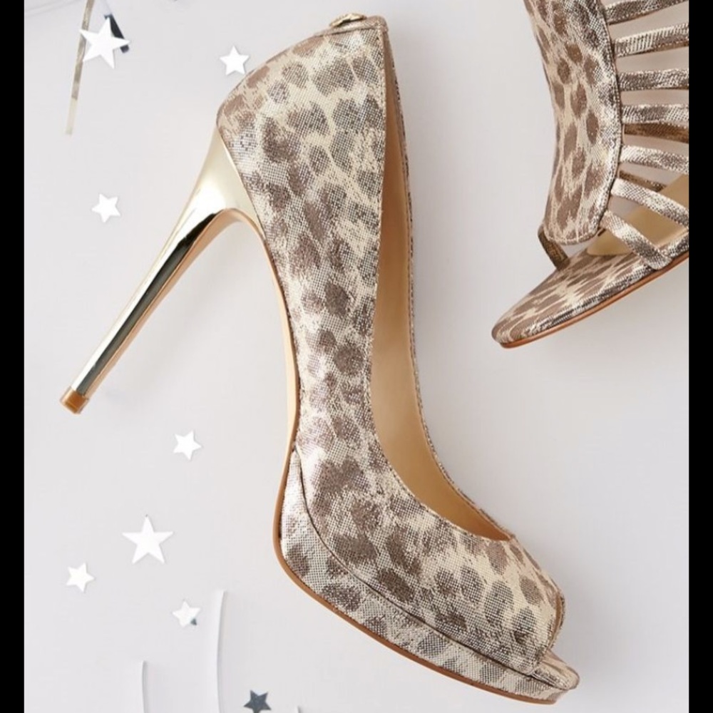 Ivanka Trump Maggie Gold Leopard Peep Toe Heels